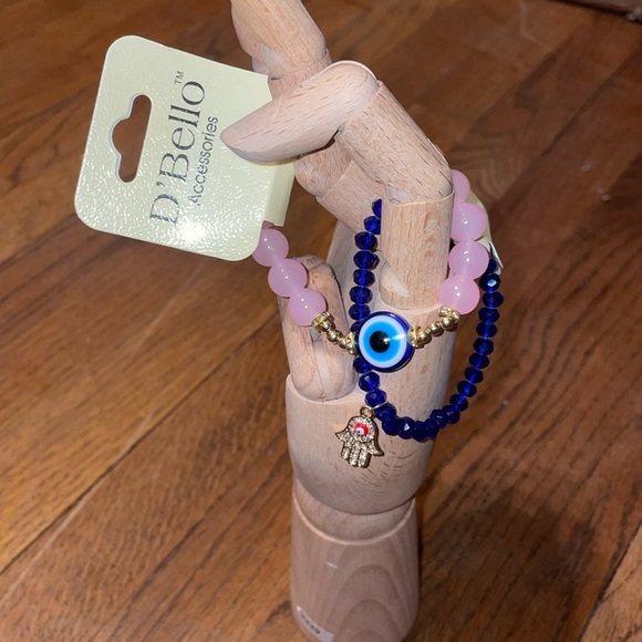 •D'BELLO•NWT PINK & BLUE BUNDLE OF 2- BOHO STACK HAMAS EVIL EYE BEADED BRACELETS - Picture 7 of 9
